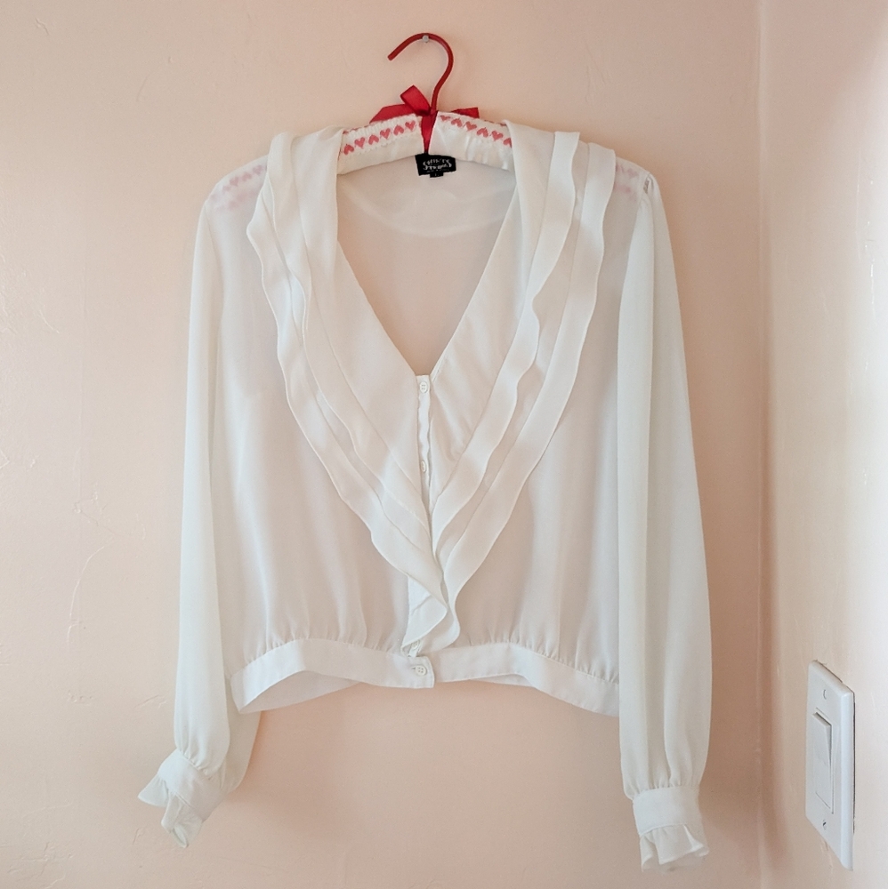 Vintage White Ruffle Long Sleeve Sheer Blouse - Tag Size L - Made In Korea